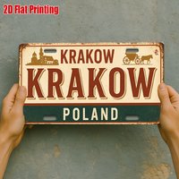 2D flat, 1 Krakow heritage metal license plate - rustic outdoor wall decor, suitable for antique shops, travel corners, bars