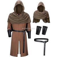 Medieval Knight Cosplay Costume Renaissance Hooded Robe with Cape Arm Guards & Belt for Halloween Party Stage Performance