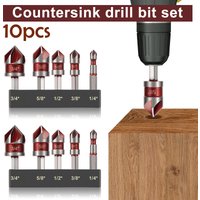 10Pcs Countersink Drill Bit Set with 82-Degree 5 Flutes Quick-Change Hex Shank 1/4 to 3/4 Inch Size Counter Sink Bits for Wood
