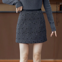 Women Black Tweed Mini Skirt, High Waist Beaded A-Line Wool Blend Party Skirt