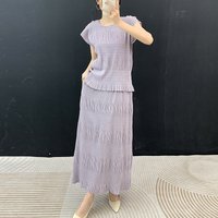Miyake Gentle Style Women's Pleated Two Pieces Set Summer Short-sleeved T-shirt and Loose-fitting Elastic Waist Skirt