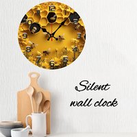 1pc Honey Bee Party Backdrop 10inch Wood Veneer Europe and America Style Round Silent Flat Clock - Batteries Not Included