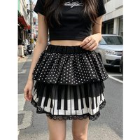 Spring and summer sweet and cool high waisted fashionable piano key Y2K printed polka dot lace patchwork lace multi-layer skirt