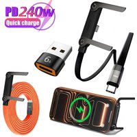 240W Phone Holder Fast Charging C-Type Nylon Braided Cable, Built-in Phone Holder T-Shaped Foldable USB-C Data Cable USB Cable