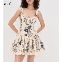 VGH Retro Style Black Floral Print Mini Dress for Women Square Neck Spliced Appliques Waist Cinched Skirts for Casual Outings