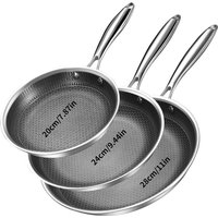 3-Piece Set of 304 Stainless Steel Frying Pans for Home Use, Non-Stick Frying Pans in Multiple Sizes (20cm, 24cm, 28cm), Suitable for Gas and Induction Cookers, for Frying Eggs, Pancakes, and Steaks