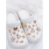 20pcs Trendy Gold Bear & Flower DIY Shoe Charms (ABS). Detachable Clog & Sandal Decorations for All Seasons. Excellent Small Hol