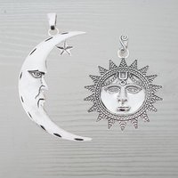 2 x Tibetan Silver Color Large Crescent Moon & Sun Charms Pendants for DIY Necklace Jewelry Making FIndings Accessories