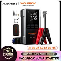 WOLFBOX 3000A Starthilfe mit Luftkompressor, 16000 mAh und 160 PSI tragbarer Autobatterie-Starthilfe mit 65 W Schnellladung