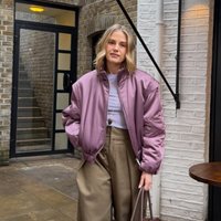 Suninheart Autumn Shiny Satin Bomber Jacket Women Oversized Lightly Padded Short Coat Cropped Zip-Up Stand Collar Streetwear