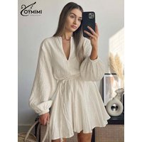 Oymimi Elegant Beige Cotton Womens Dresses Fashion V-Neck Long Sleeve Lace-Up Dresses Casual Loose Pleated Mini Dress Streetwear