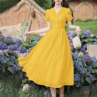 ZANZEA Summer Lace Patchwork Sundress Women Elegant A Line Pleated Dress Lapel Short Sleeve Midi Robe Stylish Party Work Dresses