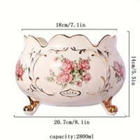 1pc Elegant Ivory White Ceramic Storage Bucket with Rose Floral Design - 2800ml, Handcrafted Golden Rim, Versatile for Indoor Fi