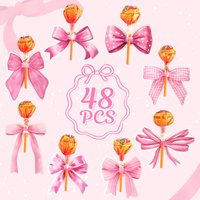 48pcs Pink Bow Lollipop Holder Cards Mixed Designs Lollipop Decor Cards Wedding Birthday Party Supplies Gift Candy Packaging