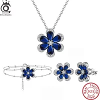 ORSA JEWELS 925 Silver Flower Shape Blue Sapphire Jewelry Set Clear Cubic Zircon Chain Necklace Bracelet Earrings Sets LZB03