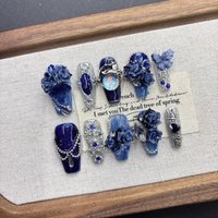 Deep Blue Dream Court Press On Nails 3D Rose Iridescent Rhinestone Flexible Resin Multiple Sizes Ideal for Court Outfits Dinners