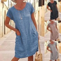 Plus Size 3XL Women Dress Casual Solid Color Short Sleeve Round Neck Pockets Loose Cotton Linen Dress Female Summer Robe