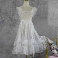 Japanese Kawaii Lolita Jsk Dress for Women, Lace Mesh Ruffle Bow, Sleeveless Sling Dresses, Princess Party Mini Dress