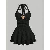 Women's Solid Color Simple Dress Casual Elegant Fashion Starfish Pleated Beach Resort Style Suspender Halter Neck Short Dresses