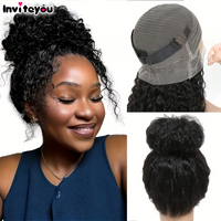 No Glue 360 Full Lace Front Kinky Curly Wig 30 inch 250 Density HD Invisi Strap Black Human Hair Drawstring Snug Deep Water Wig