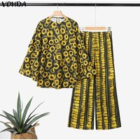 VONDA Plus Size 5XL Women Vintage Print Pant Sets Bohemian 2 Piece Outfits Long Flare Sleeve Tops Wide Leg Pants Casual 2pcs