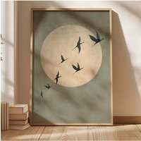 Sage Green Japandi Art Print - Large Abstract Sun and Flying Birds Wall Art, Frameless Canvas for Living Room and Bedroom Decor