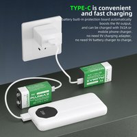 PUJIMAX 9V Rechargeable Lithium Battery 1200mAh with Type-C USB Rechargeable Batteries 6F22 for Multimeter Microphone Toy Guitar