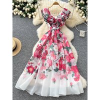 France Elegant Vintage Evening Dress Women Sashes Print Ruffle Flounce Long Party Dress Female Casual Chic Festival Clothing New