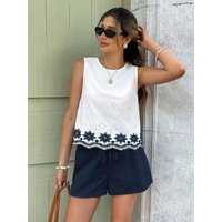 Fashionable Summer Outfit High Waist Shorts Sleeveless Embroidered Lace Trim Vest Two Piece Set Women's Clothing round Neckline