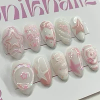 3D Milky Pink Handmade Press On Nails Art Hand-Painted Stars Glitter Gel Short Almond Fake Nail Party Sticker Birthday Gift