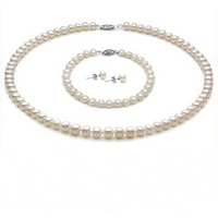 Mini AAAA+7-8mm Japanese Japan Akoya White Pearl Earring Bracelet 7.5-8in Necklace Set 14k White Gold Buckle