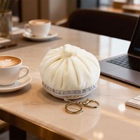 Cute Steamed Bun Shape Plush Coin Purse with Keychain, Novelty Polyester Mini Wallet for Women, Fun Gift
