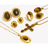 E.B.belle Stainless Steel Vintage Tiger Eye Series Jewelry Set Ring 18K Golded Plated Necklace Earring Women's Gift