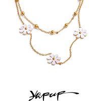 Yhpup Exquisite Natural Shell Flower Double Layer Chain Overlay Necklace 18K Golden Plated Stainless Steel Fashion Jewelry Gift