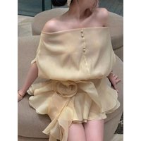 Women Backless Lace-up Dress Two Piece Set Sexy Off Shoulder Flower Ruffles Dress + Shorts Suits Evening Party Cocktail Sets