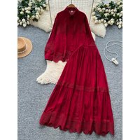 Retro Court Style Embroidered Lantern Sleeve Shirt Women's High Waist Long Sleeve Half Skirt Flared Two-Piece Set Fashionable...