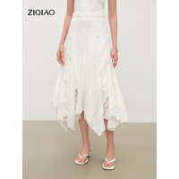 ZIQIAO 2026 Summer Women's Bias Cut Lace Panel Asymmetric Midi Skirt, Designer Patchwork Hem Skirt Romantic Soft Feminine Style
