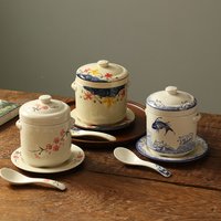 Ceramic Stew Pot Japan Plum Blossom Stew Bowl Double Lid Stewed Bird's Nest Steamed Egg Double Handle Egg Cup Kitchen Tableware