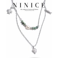 NiNice Necklace 316L Stainless Steel Natural Stone Pearl Conch Pendant Double Layered Summer Beach Style Ocean Jewelry Wholesale
