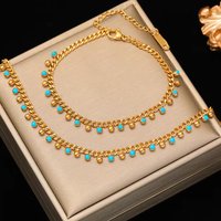 Bohemian Blue Beaded Necklace Bracelet Golden Stainless Steel Fashion Waterproof Chain Jewelry Set For Women Girl Summer Gifts