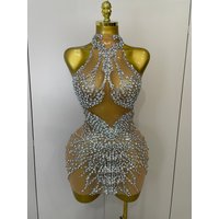 LAGER Sparkly Strass Sexy Mesh Durchsichtiges Kleid Party Abend Prom Feiern Geburtstag Kleid Sänger Tänzer Show Bühnenkleidung