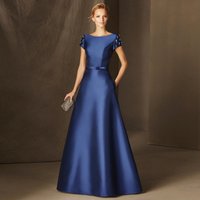 Blue Mother of the Bride Dresses with Pocket O Neck Short Sleeves Customized Wedding Party Gowns A-Line Satin فساتين السهرة