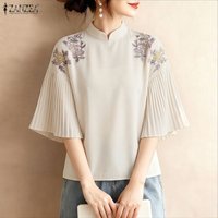 2026 Summer Floral Printed Blouse ZANZEA Stylish Women Tops Elegant Short Sleeve Stand Neck Pleated Work Shirt Holiday Blusas