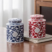 Creative Red and Blue Floral Ceramic Tea Leaf Canister Portable Airtight Moisture-Proof Jar Cylindrical Candy Storage Container