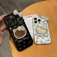 New Hello Kitty KT Cat Mobile Phone Holder Diy Jewelry Mobile Phone Back Sticker Diamond Bow Makeup Mirror Airbags Holder Gifts