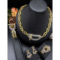 JRH Gold Plated Geometric Modeling Jewelry Set for Women Necklace Earrings Ring Bangle Luxury Wedding Accessory