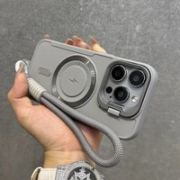 Flip Up Lens Stand For Magsafe With Wrist Lanyard Case For iPhone 14 17 15 13 16 11 12 Pro Max Air Solid Color Shockproof Cover