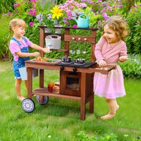 Outdoor Mud Kitchen Toy for Kids with Wheels Water Sink Wooden Kitchen Playset for Backyard Pretend Play Cooking for Boys Girls