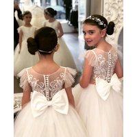 Kids Girls Fluffy Princess Tulle Communion Dress With Bowknot Cute Lace Long Train Flower Girl Dresses For Wedding Party