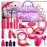 Kids Pretend Makeup Toy Set, Fake Cosmetic Kit with Princess Purse, Safe Play Make Up for Little Girls